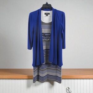 RM Richards Womens Dress Blue Striped Cardigan Sheath Scoop Neck w/Necklace 20W